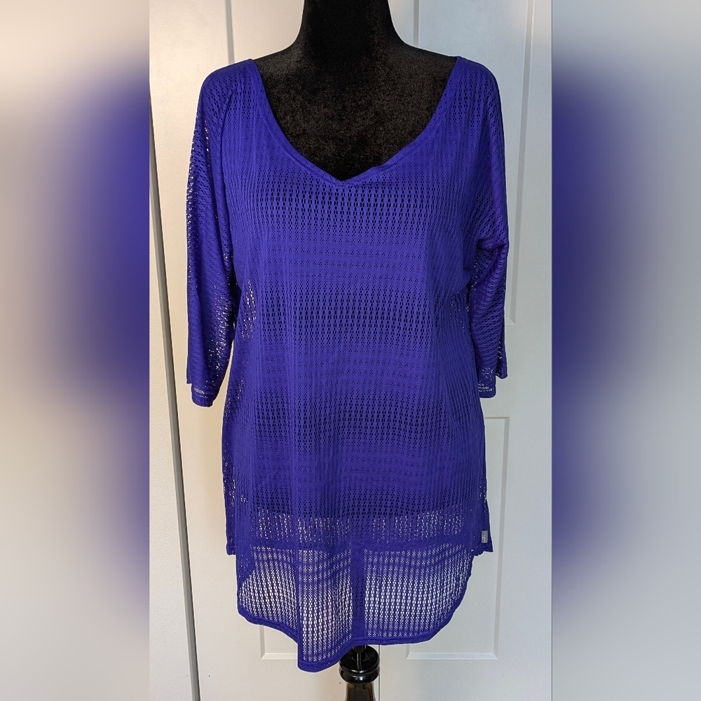 O’Neill M/L purple open knit beach coverup 3/4 sleeve V-neck pullover EUC